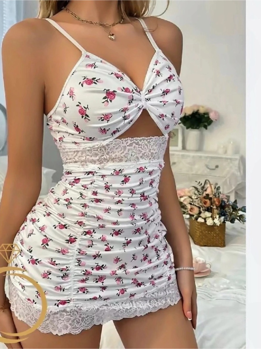 Floral Lace Mini Chemise in White & Pink new